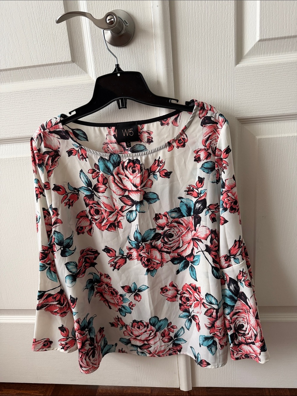 Scoop Neck Blouse with Coral Roses and Teal Leaves
